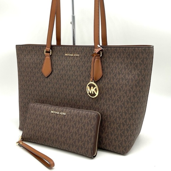 Michael Kors Bag Large Sheila Mf Tote & Continental Wallet Wristlet Brown/Gold - Picture 1 of 15